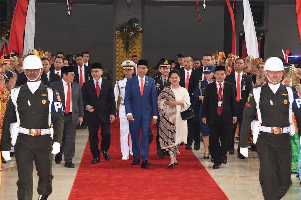 President Joko Widodo and First Lady Iriana arriving at the House of Parliament (DPR) building ahead of his state-of-the-nation address on Aug 16, 2019. Photo: Twitter/@DPR_RI