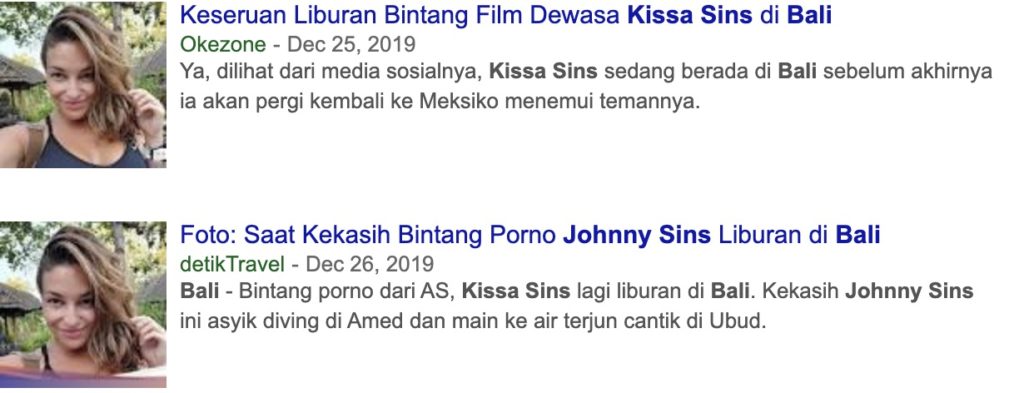 Screenshots of articles from local media outlets on Kissa Sins