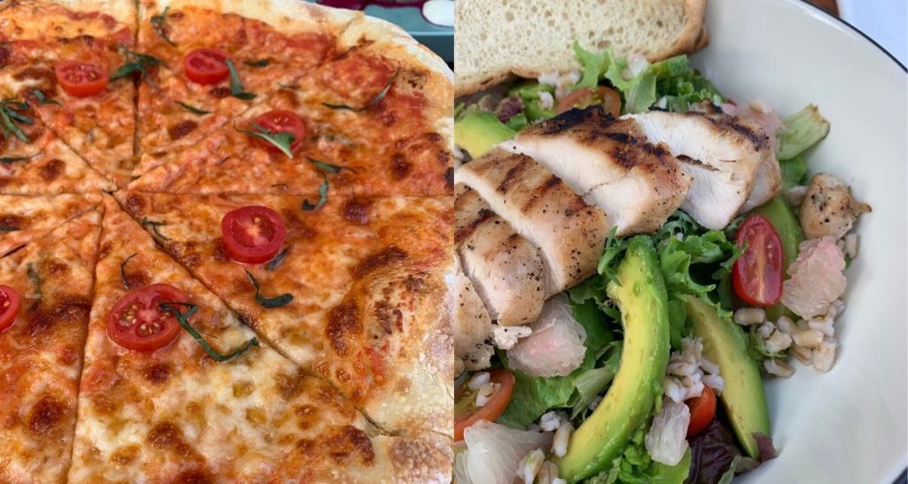 Classic options of Margherita Pizza and Roasted & Chicken Avocado Salad. Photos: Coconuts Bali