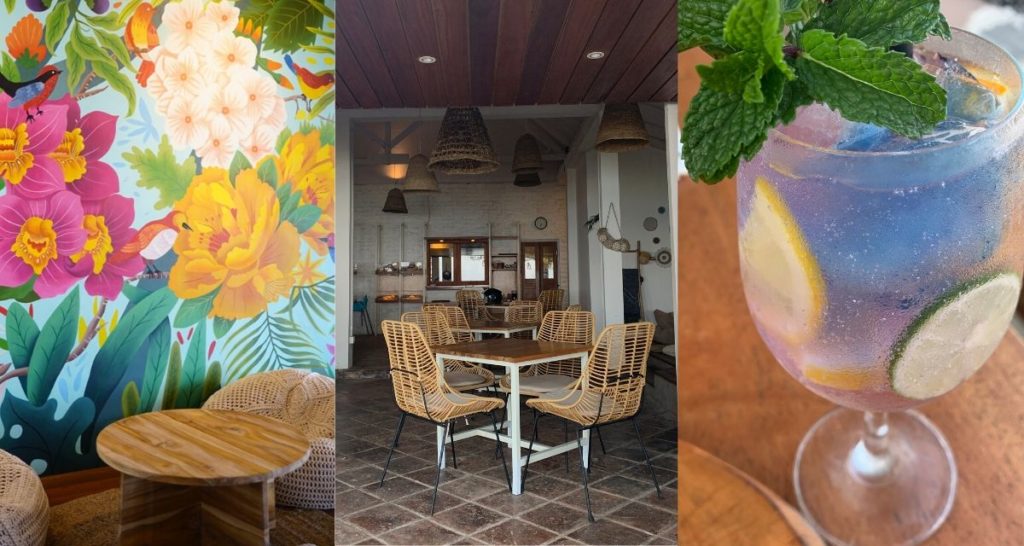 Left, a mural by Balinese illustrator Monez. Center, Indoor seating area at Oomba Beach House. Right, Kintamani Gin & Tonic. Photos: Oomba Beach House and Coconuts Bali