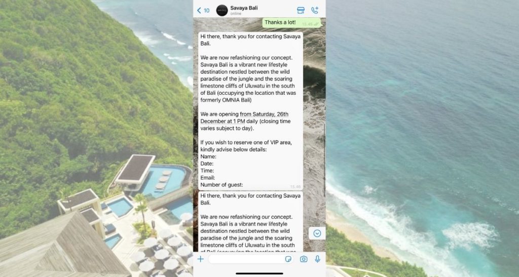 A screenshot of a message received from Savaya Bali