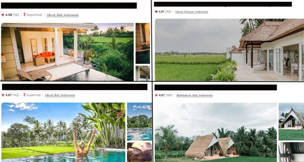 Popular listings of villas in Bali on Airbnb. 