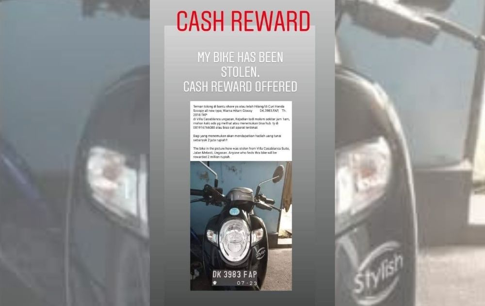 AM put out a digital flyer to find the stolen bike. Photo courtesy of AM. 