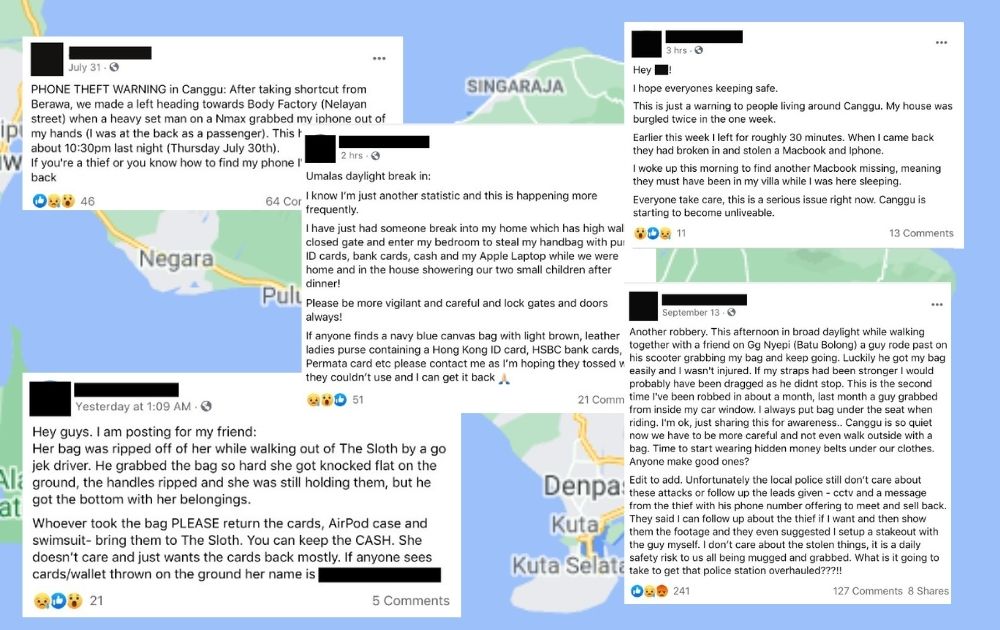 Several screengrabs of posts on petty crimes in Bali shared across Facebook groups. 
